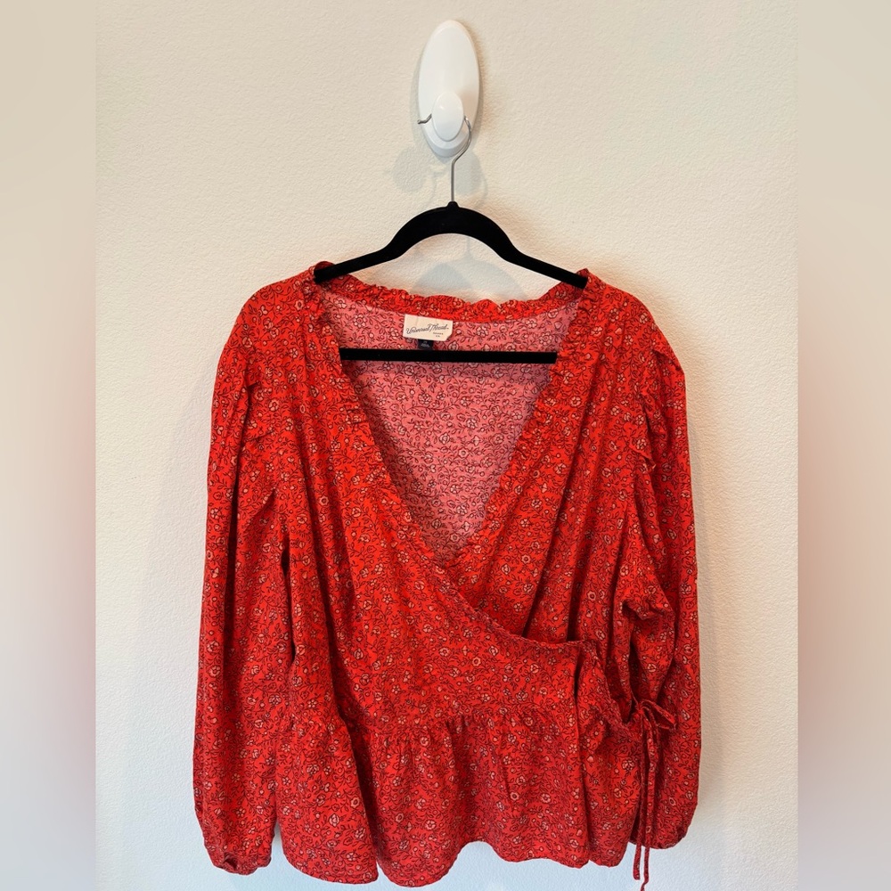 Universal Thread Red Floral Wrap Peasant Top
